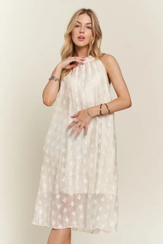 ADORA Applique Pearl Detail Grecian Neck Midi Dress.