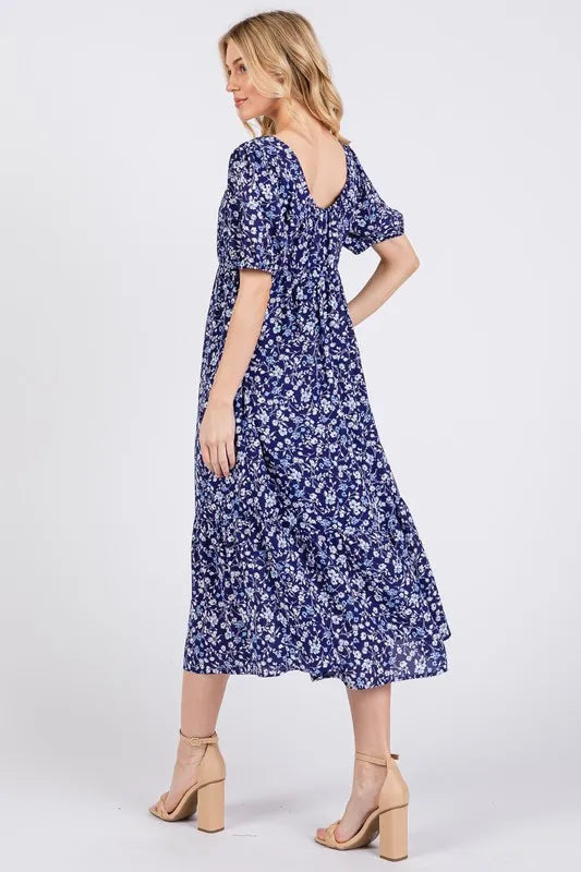 Ces Femme Floral Square Neck Puff Sleeve Midi Dress.