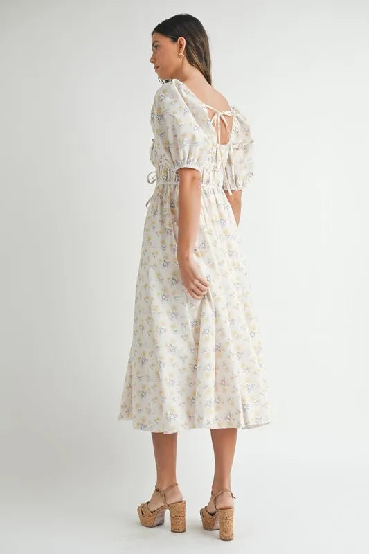 MABLE Floral Drawstring Detail Puff Sleeve Midi Dress.