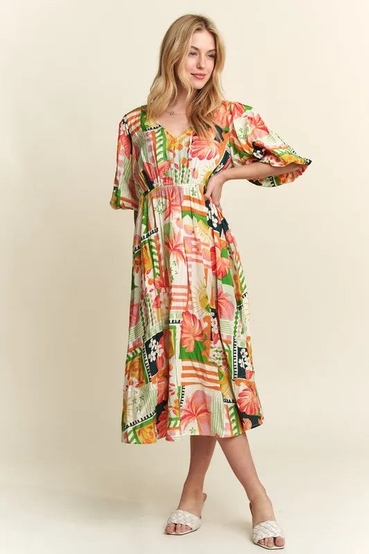 ADORA Floral V-Neck Puff Sleeve Midi Dress.