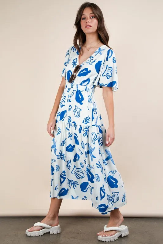 VERY J Printed V-Neck Resort Midi Dress.