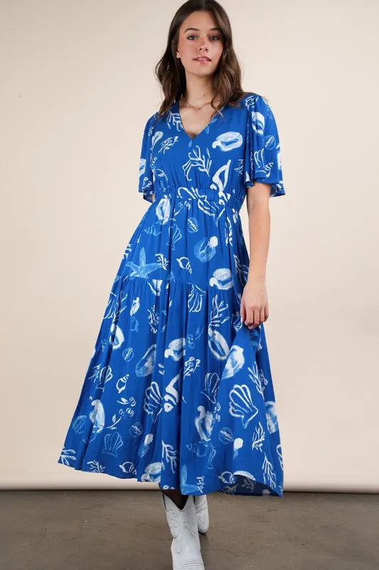 VERY J Printed V-Neck Resort Midi Dress.