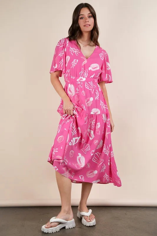 VERY J Printed V-Neck Resort Midi Dress.