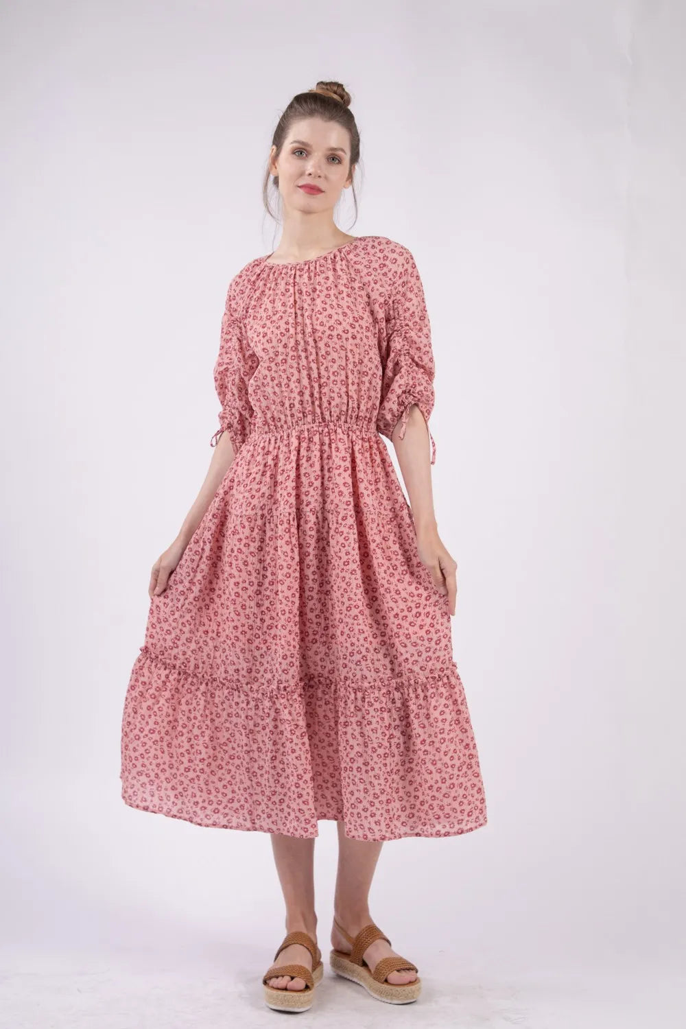VERY J Floral Round Neck Tiered Midi Dress.