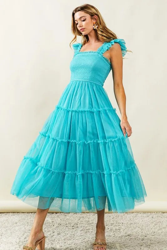 BiBi Frill Mesh Tiered Midi Dress.