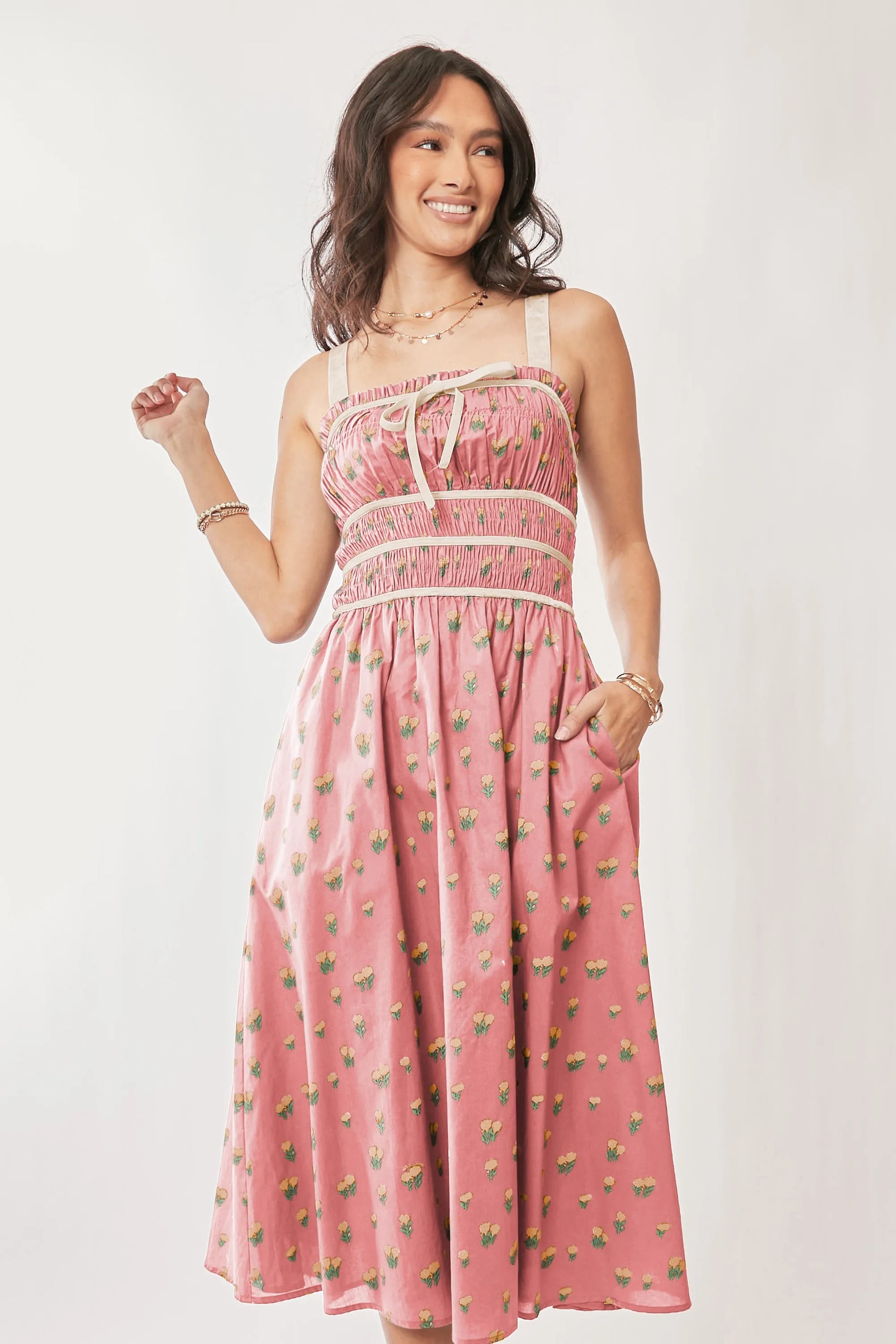 Davi & Dani Contrast Velvet Tape Smocking Bodice Midi Dress.
