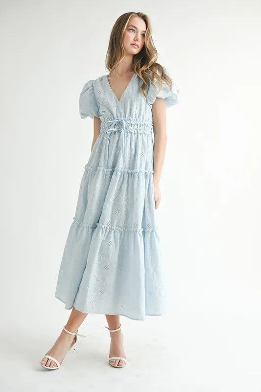 MABLE Eyelet Lace Puff Sleeve V Neck Midi Dress.