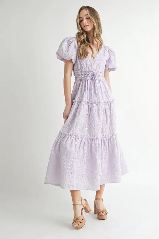 MABLE Eyelet Lace Puff Sleeve V Neck Midi Dress.