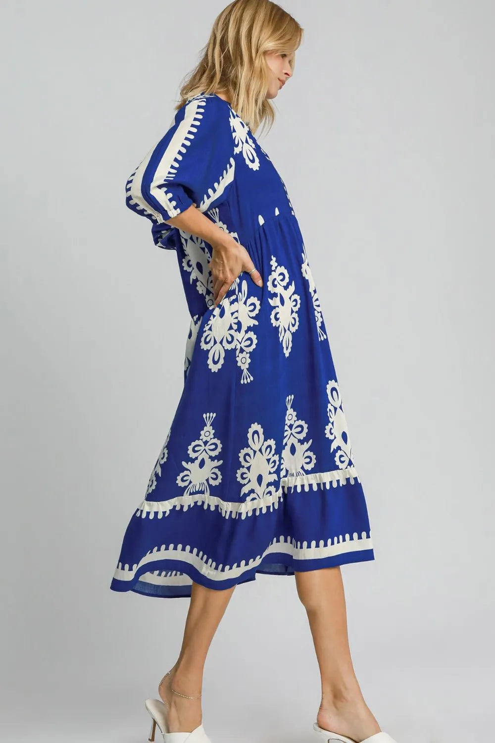 Umgee Printed Notched Midi Dress.
