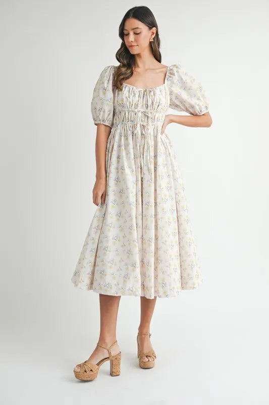 MABLE Floral Drawstring Detail Puff Sleeve Midi Dress.