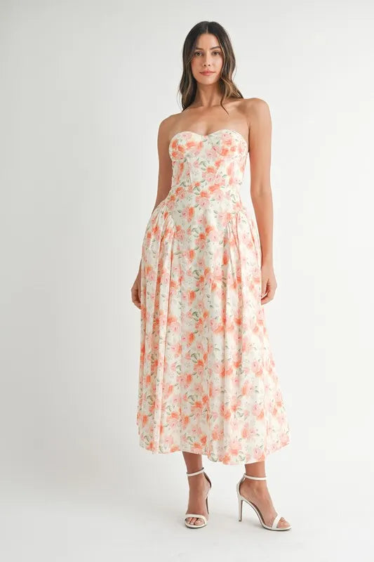MABLE Sweetheart Neckline Floral Printed Midi Dress.