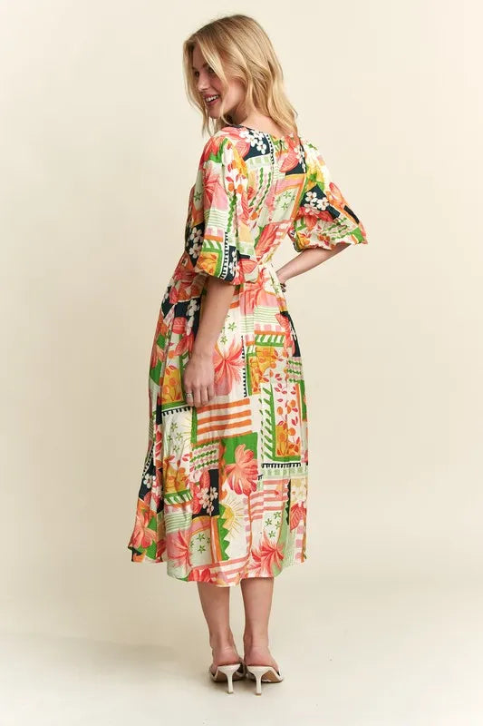 ADORA Floral V-Neck Puff Sleeve Midi Dress.