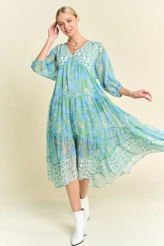 Davi & Dani Geo and Floral Print Mixed Tiered Dress.