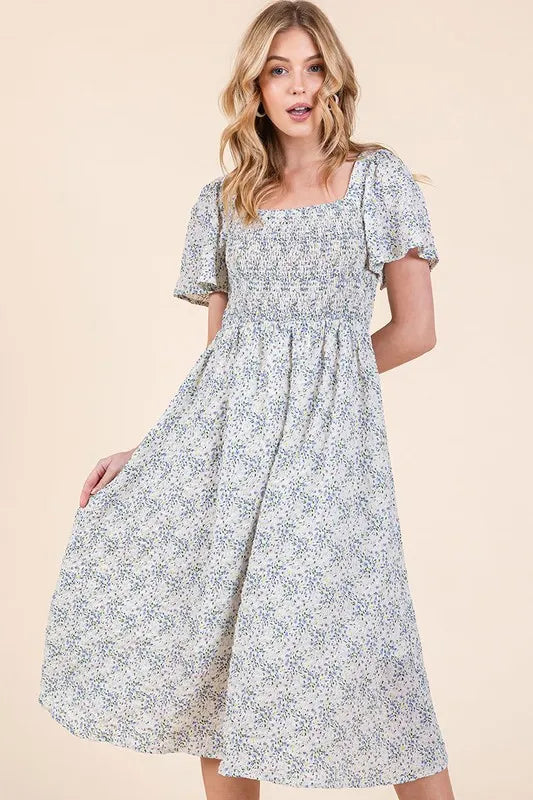 Lime 'N' Chili Smocked Floral Print Flutter Sleeve Midi Dress.
