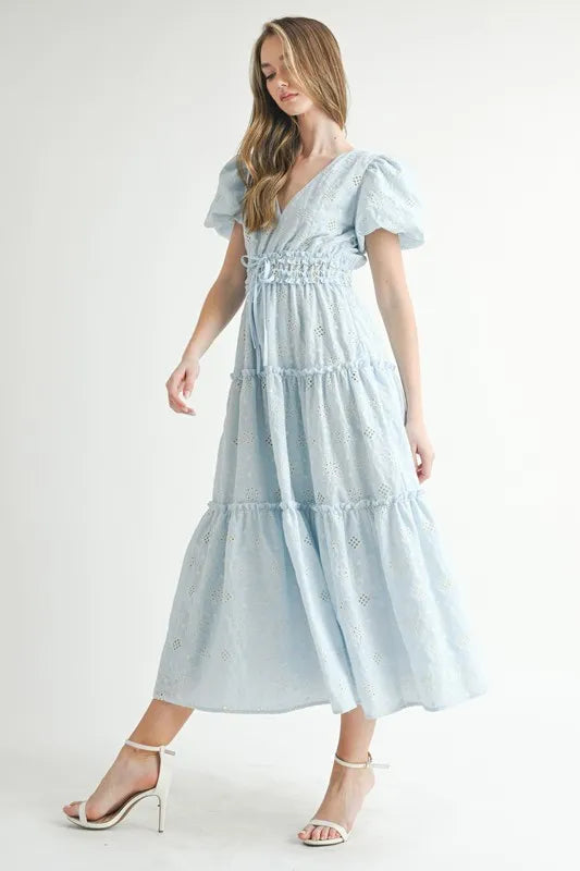 MABLE Eyelet Lace Puff Sleeve V Neck Midi Dress.