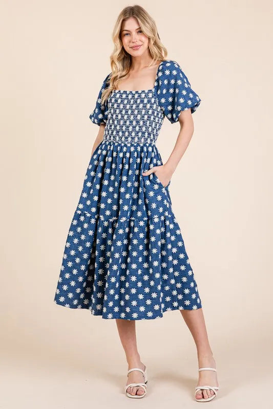 GeeGee Floral Embroidered Smocked Puff Sleeve Tiered Midi Dress.