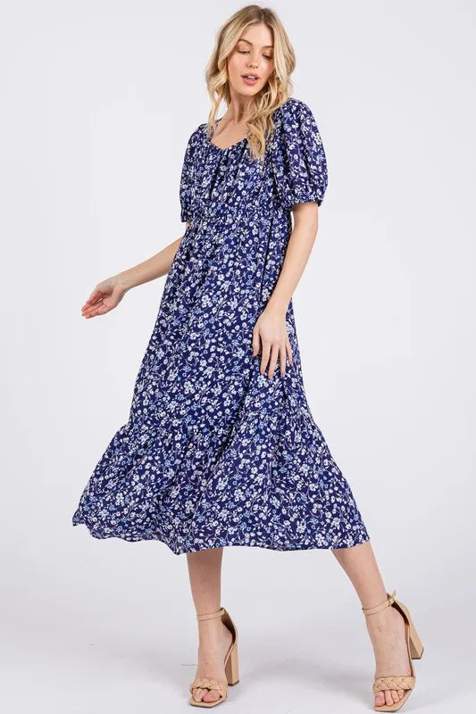 Ces Femme Floral Square Neck Puff Sleeve Midi Dress.