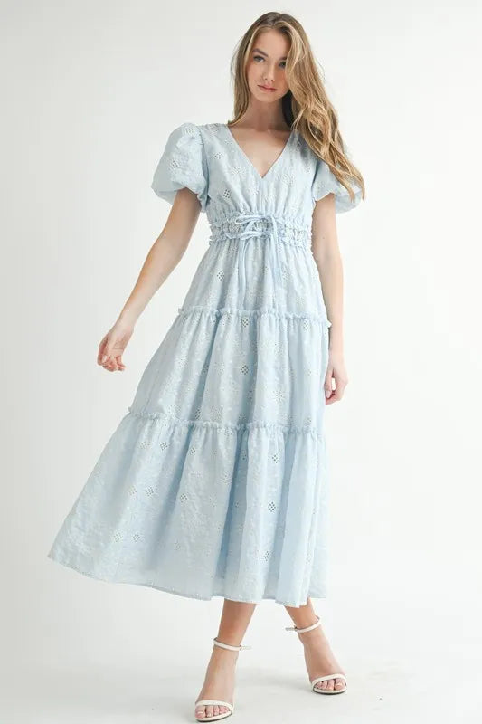 MABLE Eyelet Lace Puff Sleeve V Neck Midi Dress.