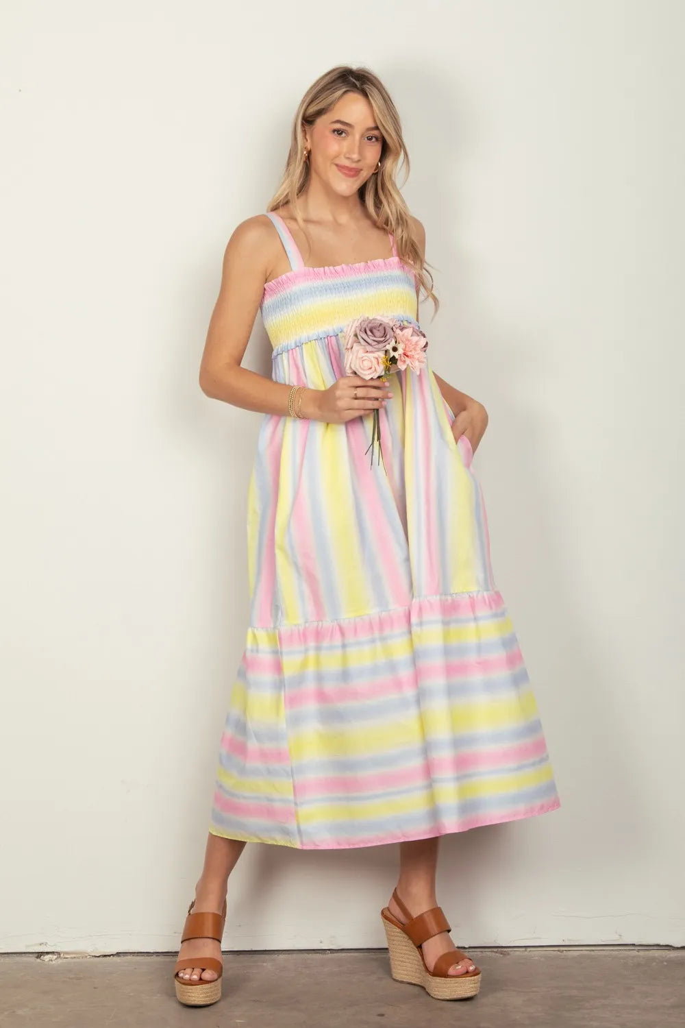 VERY J Striped Woven Smocked Midi Cami Dress.