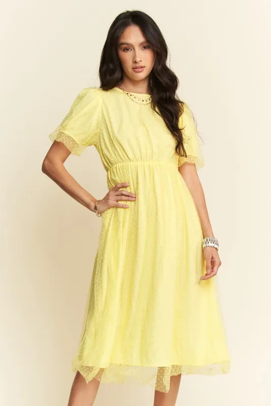 Davi & Dani Mesh Puff Short Sleeve Midi Dress.