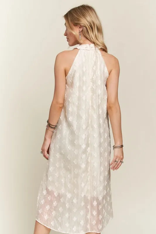 ADORA Applique Pearl Detail Grecian Neck Midi Dress.