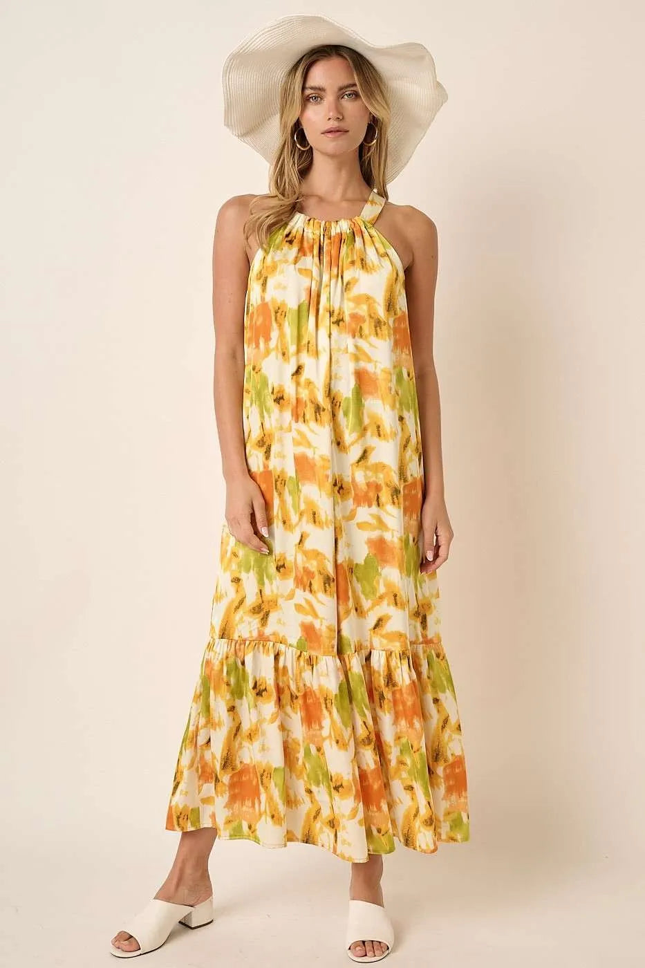 Mittoshop Watercolor Print Halter Neck Satin Maxi Dress.