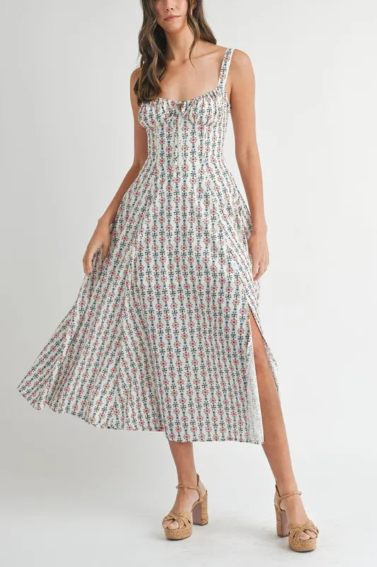 MABLE Floral Print Bustier Back Lace Up Midi Dress.