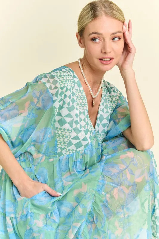 Davi & Dani Geo and Floral Print Mixed Tiered Dress.