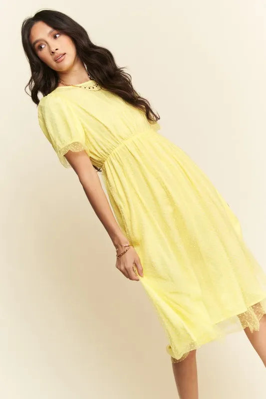 Davi & Dani Mesh Puff Short Sleeve Midi Dress.