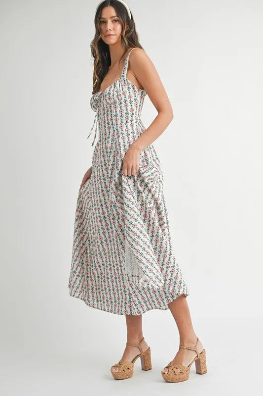 MABLE Floral Print Bustier Back Lace Up Midi Dress.