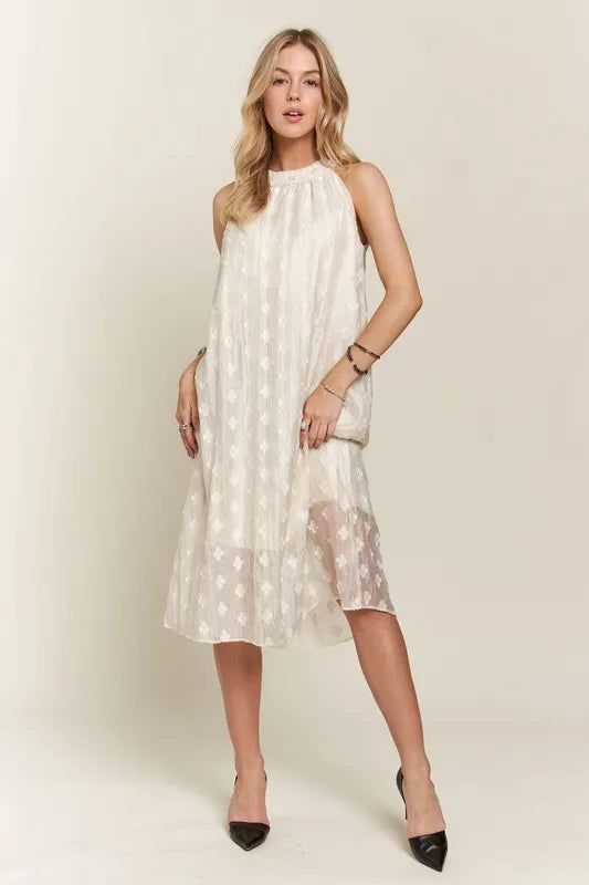 ADORA Applique Pearl Detail Grecian Neck Midi Dress.