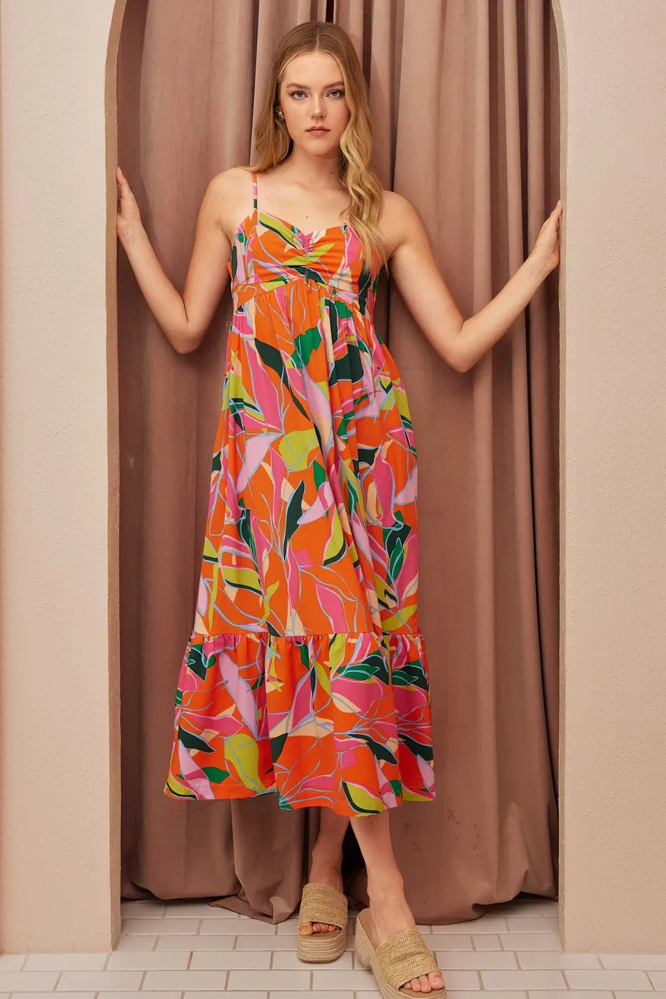Mittoshop Multicolor Leaf Print Tie Back Maxi Dress.
