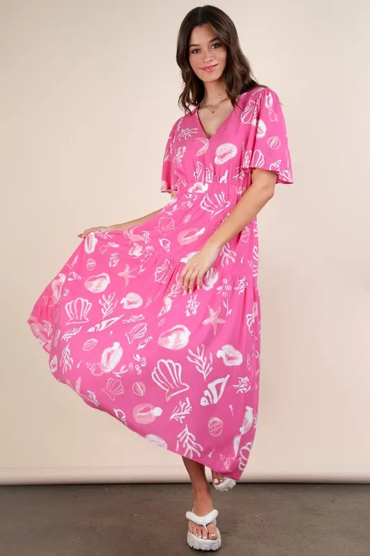 VERY J Printed V-Neck Resort Midi Dress.
