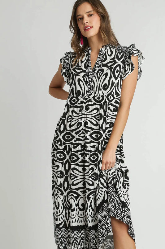 Umgee Full Size Two Tone Border Print Ruffle Cap Sleeve Midi Dress Plus Size.