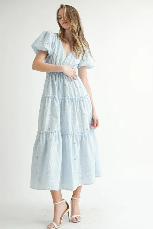MABLE Eyelet Lace Puff Sleeve V Neck Midi Dress.