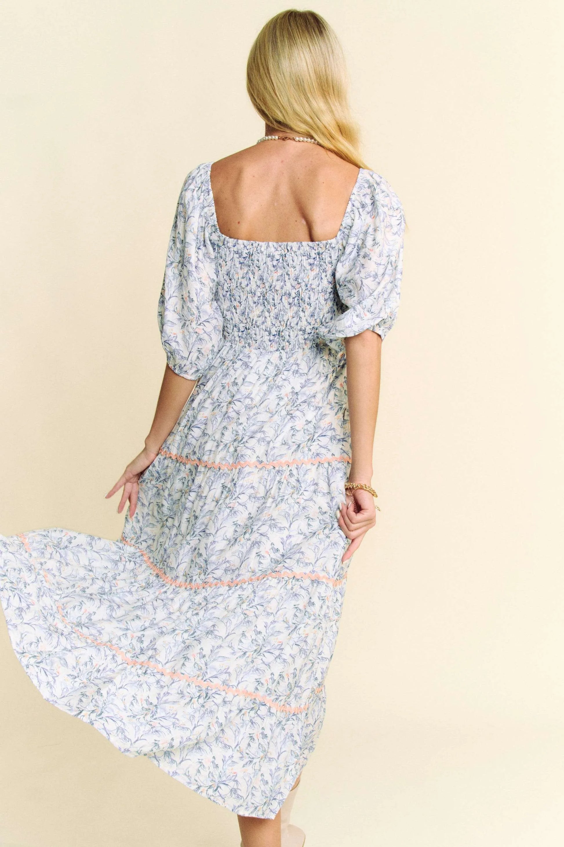 Davi & Dani Contrast Ric Smocking Bodice Tiered Midi Dress.