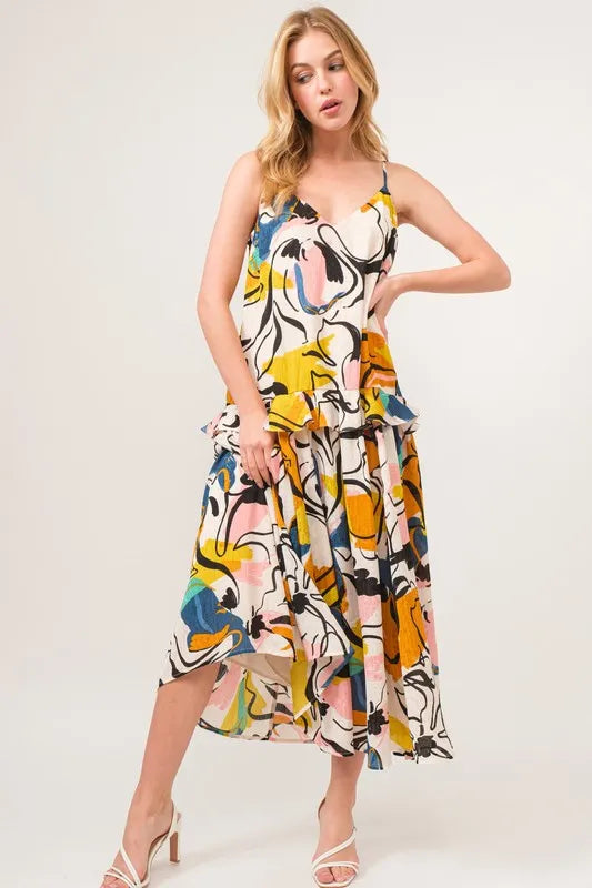And The Why Ruffled Abstract Floral Printed Midi Cami Dress.