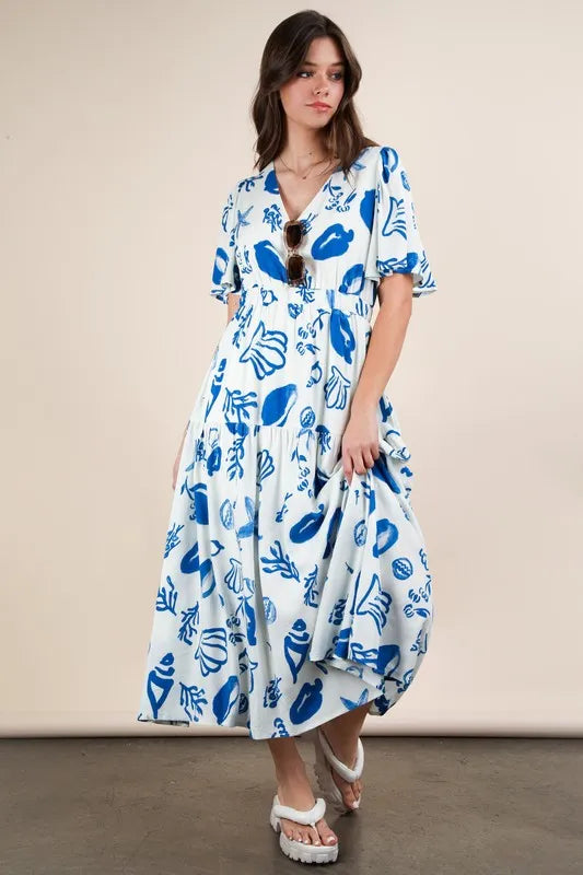VERY J Printed V-Neck Resort Midi Dress.