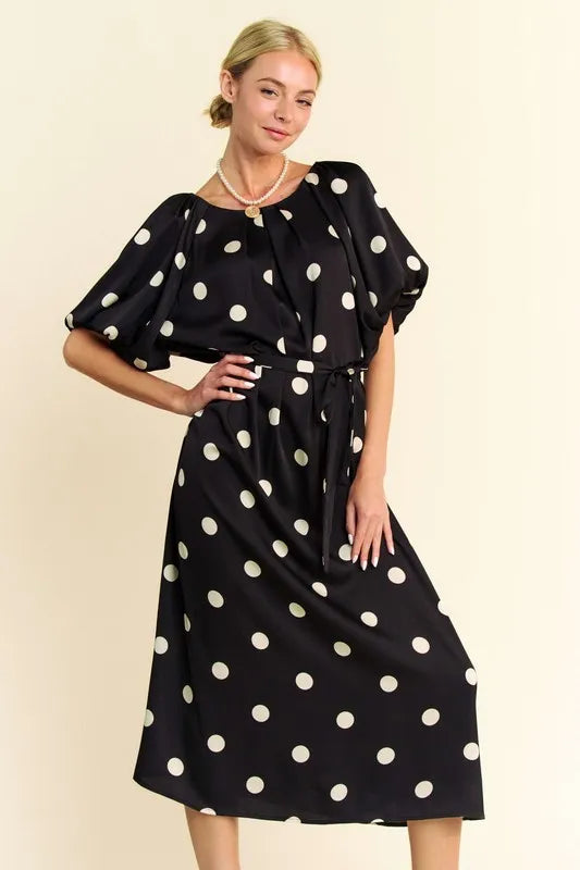 Davi & Dani Polka Dot Puff Sleeves Waist Tie Midi Dress.