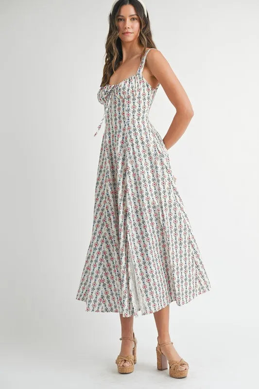 MABLE Floral Print Bustier Back Lace Up Midi Dress.