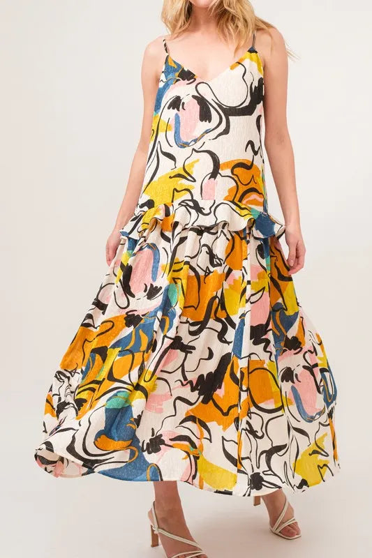 And The Why Ruffled Abstract Floral Printed Midi Cami Dress.