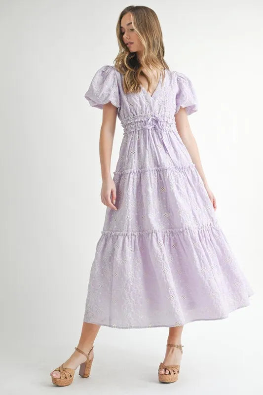 MABLE Eyelet Lace Puff Sleeve V Neck Midi Dress.