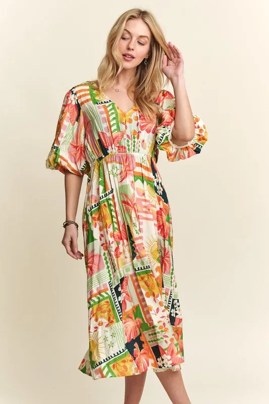 ADORA Floral V-Neck Puff Sleeve Midi Dress.