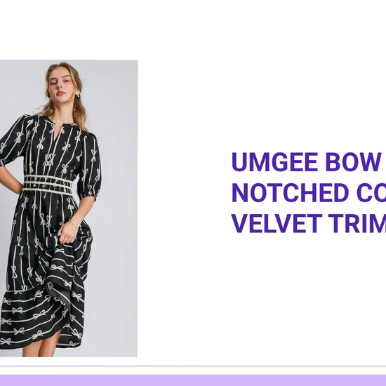 Umgee Bow Tie Print Notched Contrast Velvet Trim Midi Dress by@Outfy