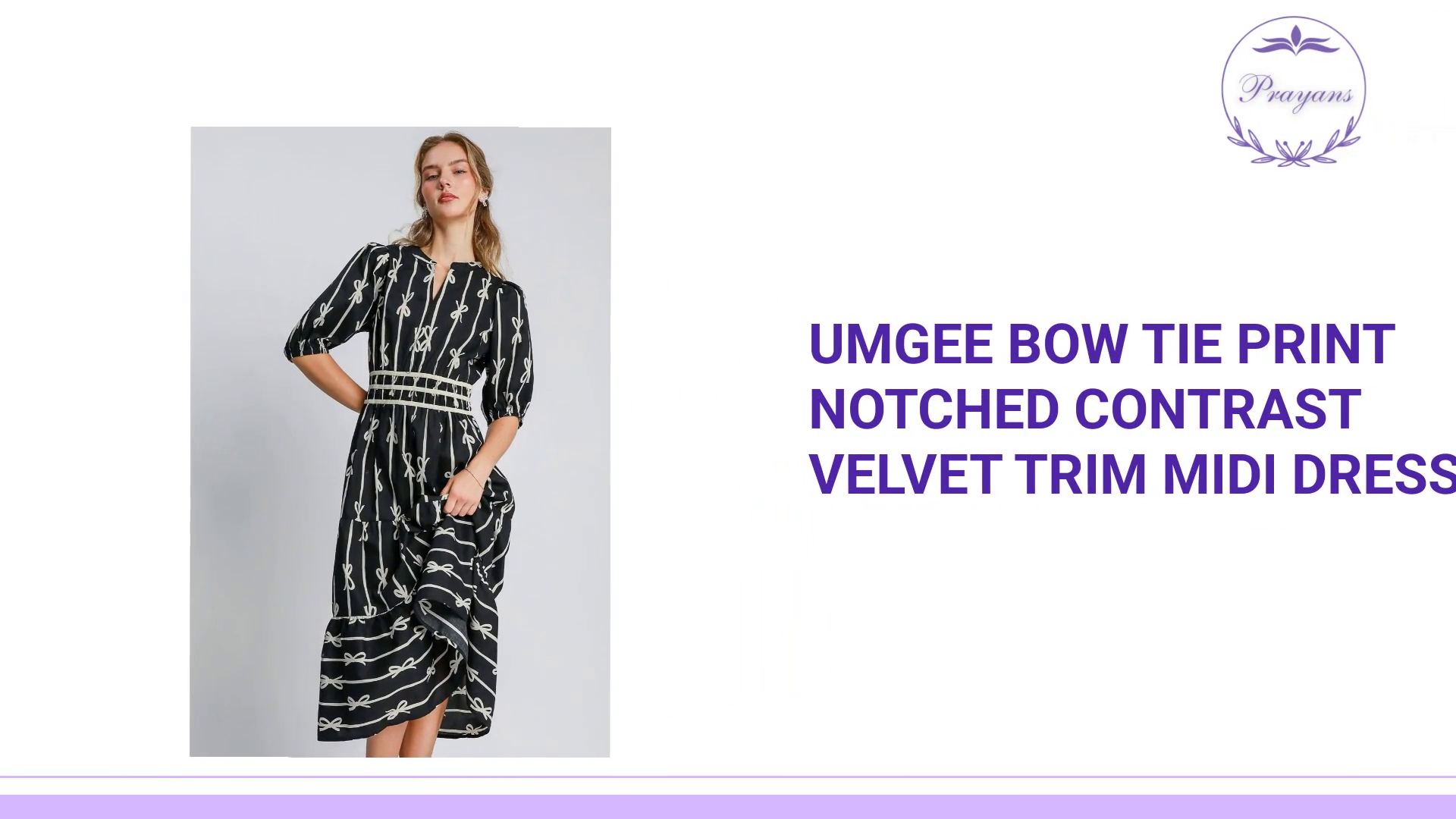 Umgee Bow Tie Print Notched Contrast Velvet Trim Midi Dress by@Outfy