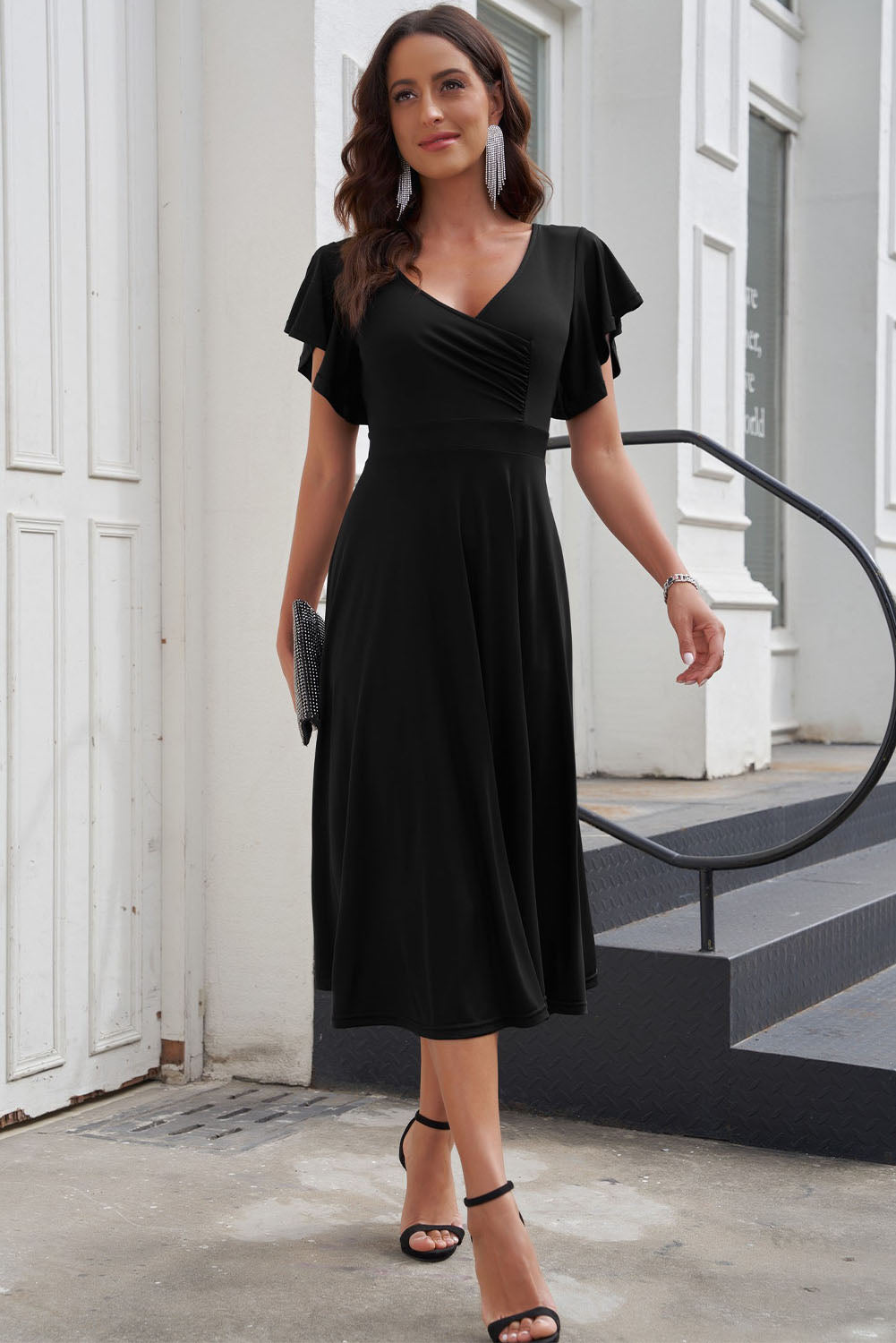 Flutter Sleeve Surplice Midi Dress - PRAYANS