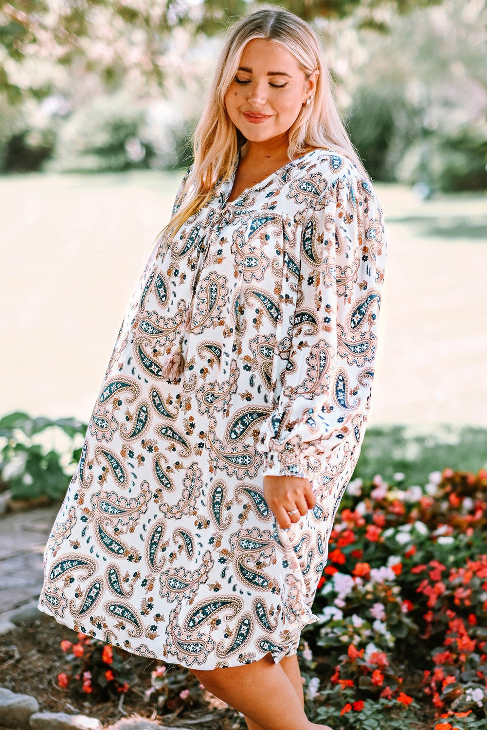 Plus Size Paisley Print Puff Sleeve Dress - PRAYANS