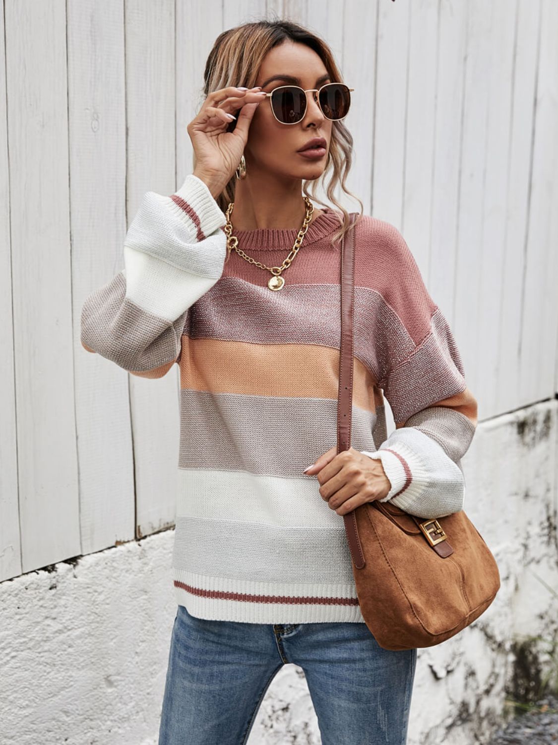 Striped Ribbed Trim Sweater - PRAYANS