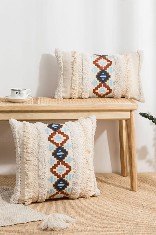 Embroidered Fringe Detail Decorative Throw Pillow Case - PRAYANS