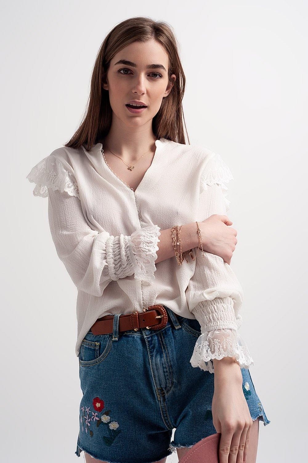 Volume Sleeve Blouse With Cuff Sleeve in Oyster - PRAYANS